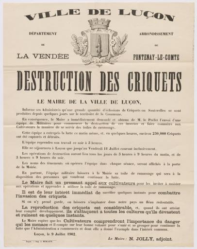 Luçon Impr. J. Burgaud Ville de Luçon. Département de la Vendée. Arrondissement de Fontenay-le-Comte. Destruction des criquets, 9 juillet 1902.